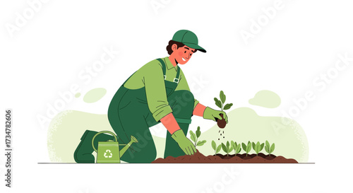 A vibrant illustration depicts a gardener planting seeds in a sustainable and eco-friendly garden