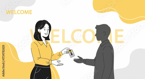 A welcoming reception scene of a person receiving an ID card in minimalistic illustration