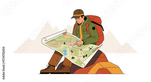A Hiker Examining a Map on a Rocky Terrain with Mountainous Background