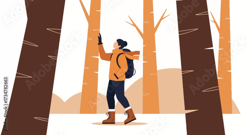 A hiker in the forest, enjoying the beauty of nature in an illustration design