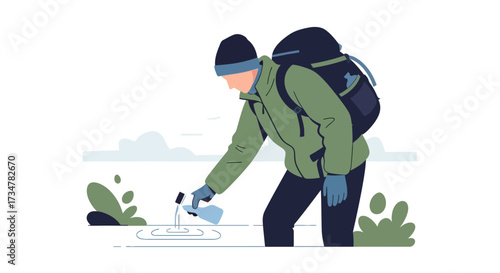A hiker filling water bottle in a scenic landscape for outdoor activity and recreation