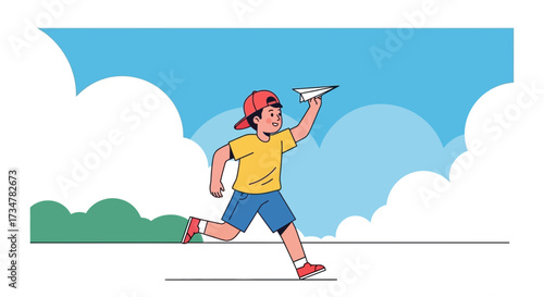 A joyful boy running and launching a paper airplane in the clear blue sky