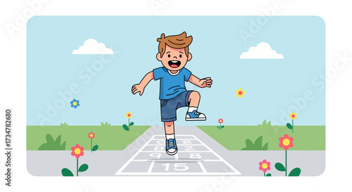 A joyful cartoon illustration of a boy playing hopscotch in a sunny park