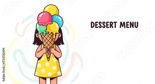 A Whimsical Depiction Of A Girl Enjoying Ice Cream, Perfect For Dessert Menus And Promotions
