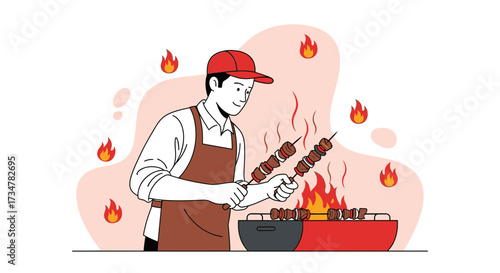 A joyful chef grilling delicious bbq skewers over a hot fire pit with cooking utensils