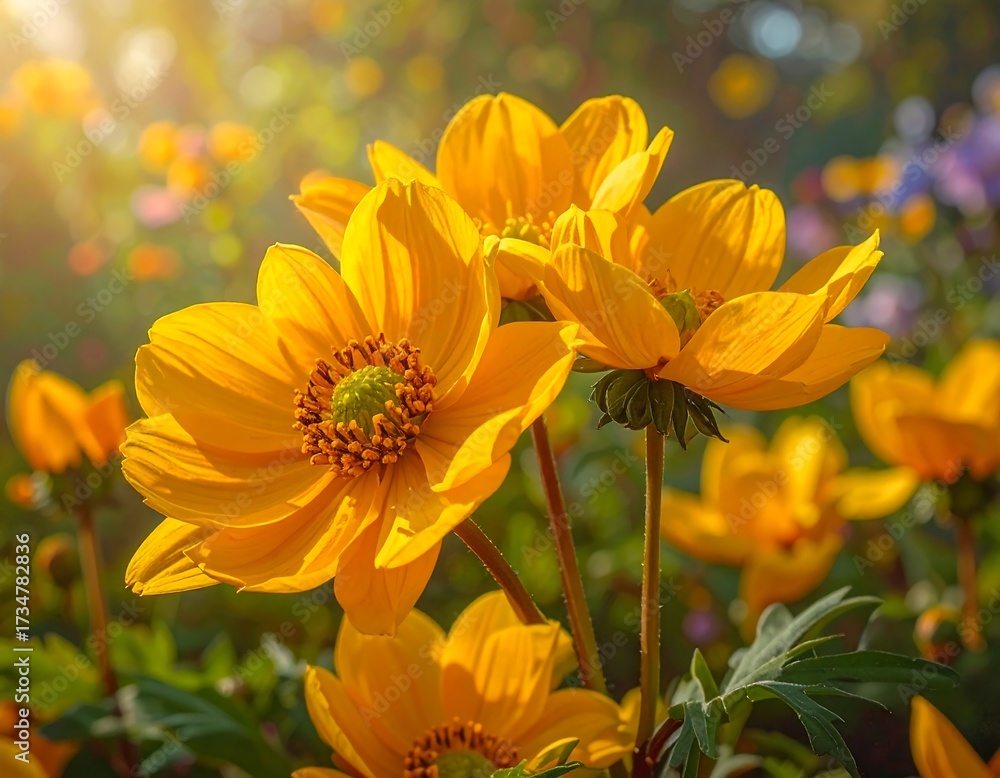 Obraz premium Vibrant yellow flowers bathed in sunlight, showcasing detailed petals and a blurred garden background.