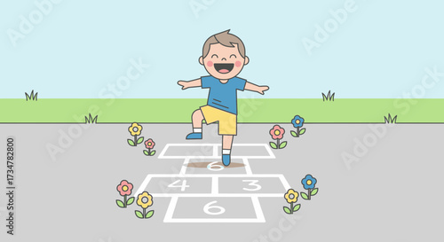 A joyful illustration of a child playing hopscotch on a sunny day outdoors