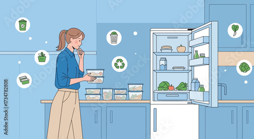 A woman deciding on healthy meal preparation while pondering near a fridge