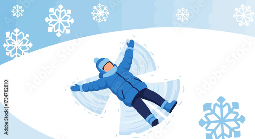 A joyful illustration of a child making a snow angel during a snowy winter day