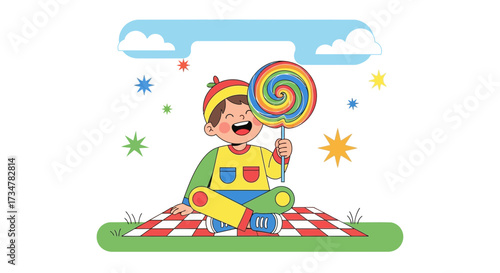 A joyful illustration of a happy child holding a colorful lollipop on a picnic blanket
