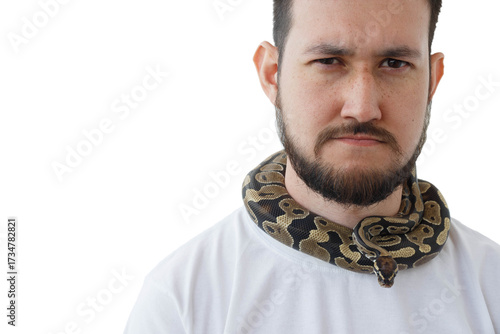 A man with a snake around his neck. White background. Snake around a man's neck.