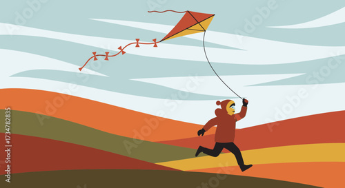 A joyful kid running while flying a kite happily during the beautiful autumn time