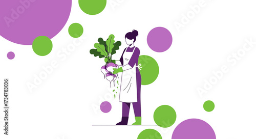 A Woman Holding Radishes With Green and Purple Circles, Illustration, Farm Fresh Produce