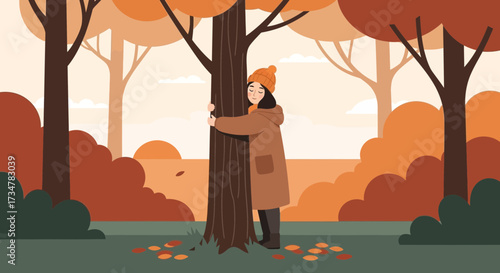 A woman hugging a tree in an autumn forest creating a sense of care and love