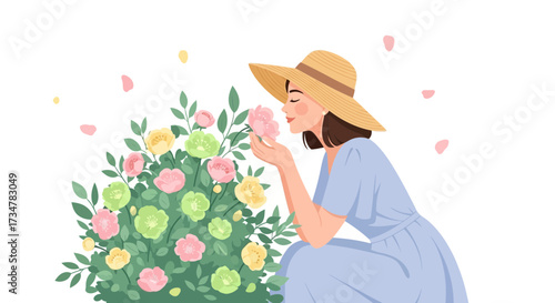 A Woman in a Dress Smelling the Fragrant Flowers in a Garden During the Day