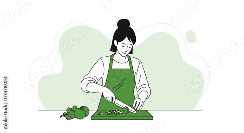 A woman in an apron expertly cuts vegetables on a cutting board in the kitchen