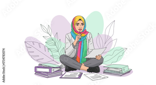 A woman in hijab pondering over documents surrounded by papers and files