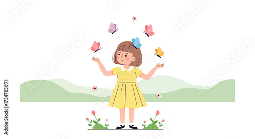 A little girl playing happily with flying butterflies in a summer field of flowers