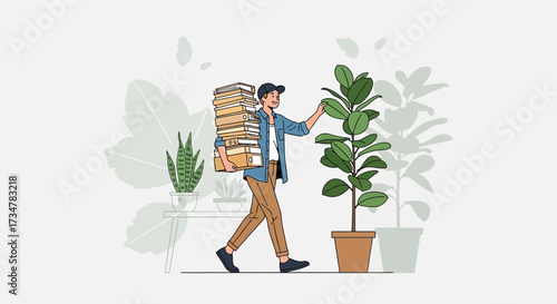 A man carrying books and interacting with a plant showcasing lifestyle and nature