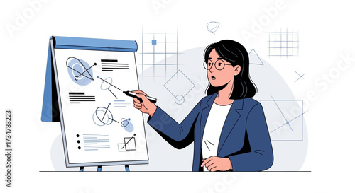 A woman presenting a business plan or data on a flipchart during a conference or meeting