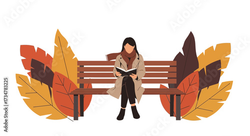 A woman reading a book on a bench surrounded by autumn leaves in a park