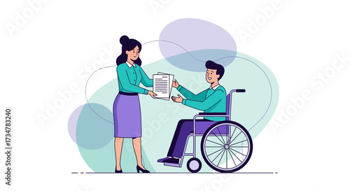 A woman presents documents to a man in a wheelchair, conveying assistance and care