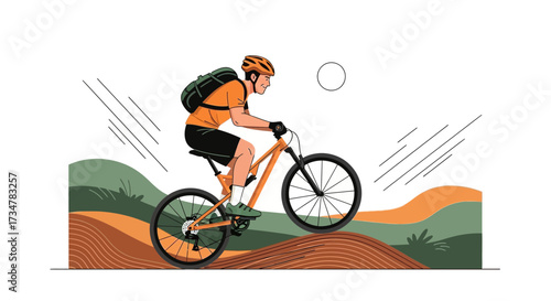 A man cycling a mountain bike uphill on a trail in colorful illustrated style