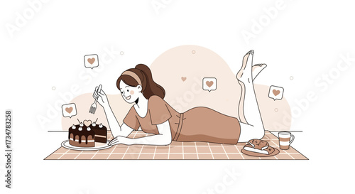 A Woman Relaxing and Enjoying a Chocolate Cake on a Pastel-Colored Picnic Blanket