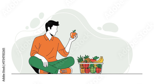 A Man Contemplates Fresh Fruit From His Basket, Healthy Eating, And Wellness Focused