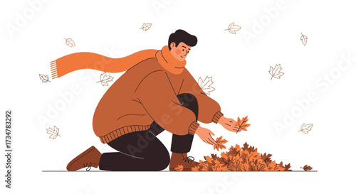A man collecting autumn leaves in a cozy environment on a white background