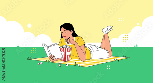 A Woman Relaxing Outdoors Reading a Book and Eating Popcorn during a Picnic