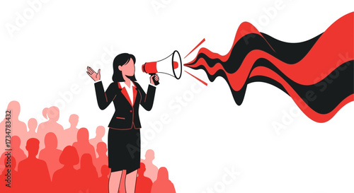 A woman using a megaphone making an announcement to a crowd to create awareness immediately