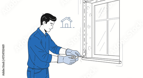 A man installing weather-stripping around a window frame in a minimalist style