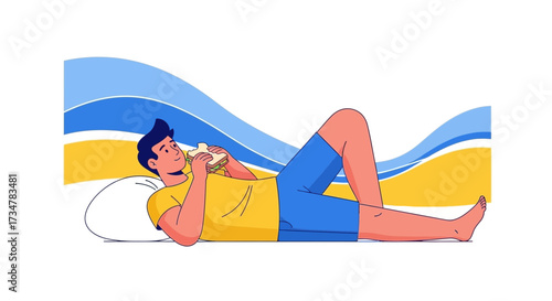 A Man Is Enjoying Sandwich While Relaxing On A Comfortable Pillow In Summertime