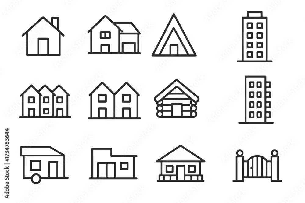 Fototapeta premium Set of 12 thin line editable icons for residential buildings, including houses, villas, condos, cottages, bungalows, and skyscrapers.