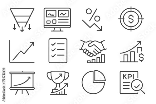 Set of 12 thin line editable icons for sales analysis, including funnels, conversions, goals, dashboards, trophies, and sales performance.