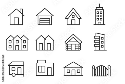 Collection of 12 linear icons representing homes and living spaces: suburban houses, tiny homes, modern flats, townhouses, and cabins.