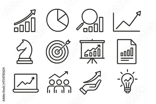 Set of 12 thin line editable icons for market analysis, including growth charts, research, strategies, audience insights, and business reports.
