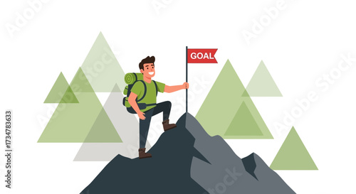 A Man Reaches The Summit of Challenge, Achieving His Goal and Planting The Recognition Flag