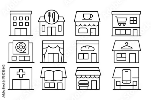 Collection of 12 linear icons representing shops and services: bakeries, clothing stores, electronics shops, theaters, and fast-food outlets.