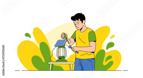 A man repairing a solar panel lamp, illustration to save energy and protect environments