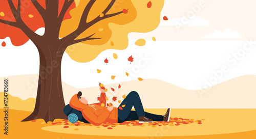 A Man Relaxing Under an Autumn Tree, Enjoying the Falling Leaves in Nature