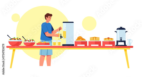 A Man Serving Juice At A Buffet with Breakfast Items and Food on a Table