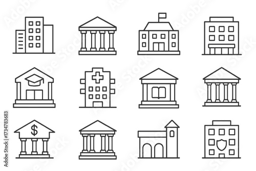 Collection of 12 linear icons representing architecture and institutions: museums, fire stations, libraries, apartments, and police stations.