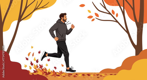 A man running in autumn scenery illustration perfect for fitness and nature themes