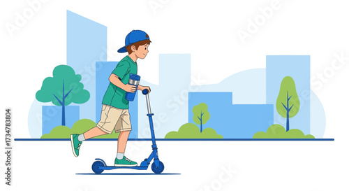 A young boy enjoys his time riding a scooter in a city park on a sunny day