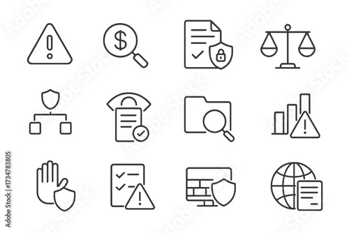Collection of 12 linear compliance icons: risk alerts, regulatory oversight, data security, corporate monitoring, and global responsibility.