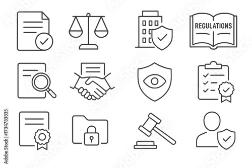 Set of 12 thin line editable icons for compliance and governance, including audits, contracts, transparency, legal action, and corporate responsibility.
