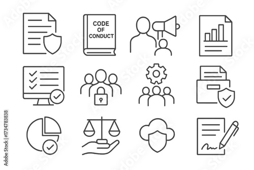 Set of 12 thin line editable icons for corporate compliance, including whistleblowing, reports, audits, secure data, and official policies.