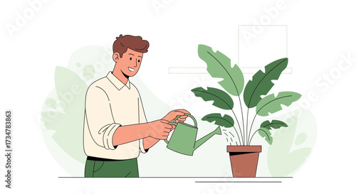 A Man Watering a Plant in a Pot with a Watering Can in a Simple Illustration